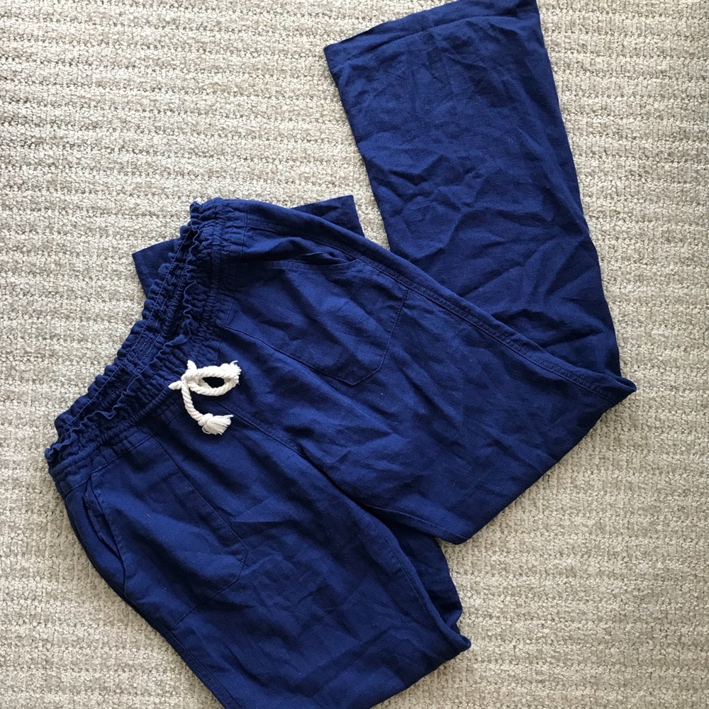 Roxy Vibrant Blue Linen Trousers Pants Rope Belt